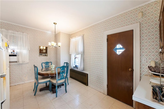 dining room featuring wallpapered walls, radiator heating unit, crown molding, and an inviting chandelier