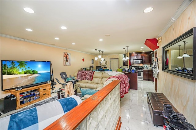 living area with light tile patterned floors, recessed lighting, and crown molding