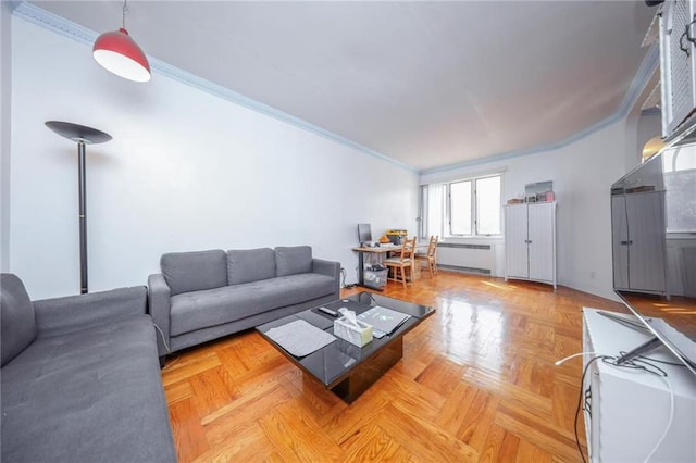 living area with radiator heating unit and crown molding