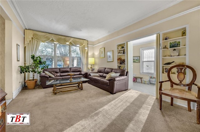 living area featuring built in shelves, a textured ceiling, ornamental molding, and carpet flooring