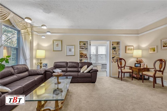 carpeted living area with a textured ceiling, baseboards, and crown molding