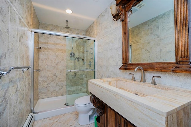 full bath with toilet, a stall shower, tile patterned flooring, and tile walls