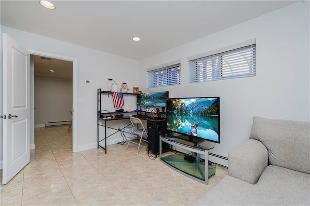 office space featuring light tile patterned floors, a baseboard radiator, recessed lighting, a baseboard heating unit, and visible vents