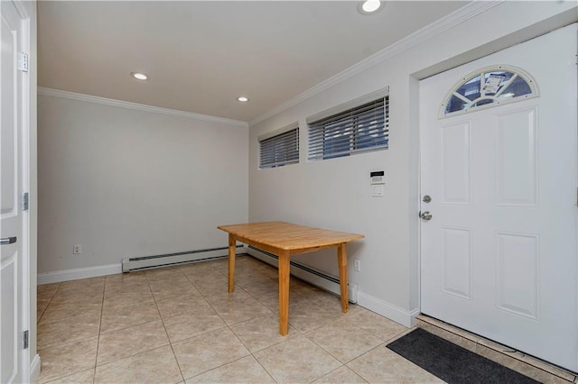 foyer entrance with ornamental molding, recessed lighting, a baseboard heating unit, and light tile patterned floors