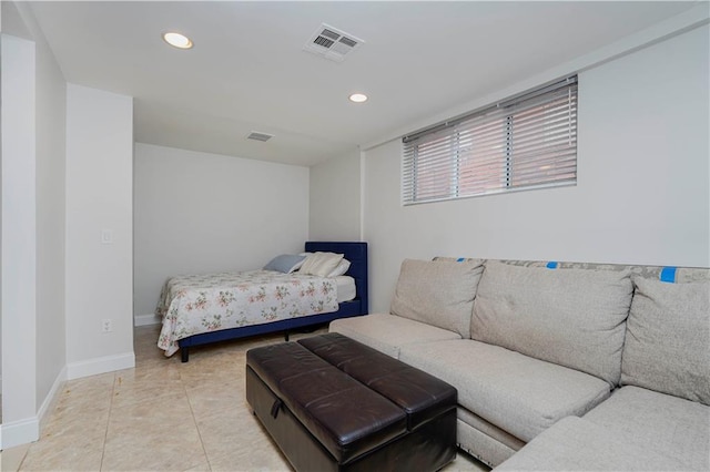 bedroom featuring recessed lighting, visible vents, baseboards, and light tile patterned floors