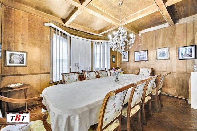 dining room featuring wooden ceiling, coffered ceiling, wood walls, and beamed ceiling