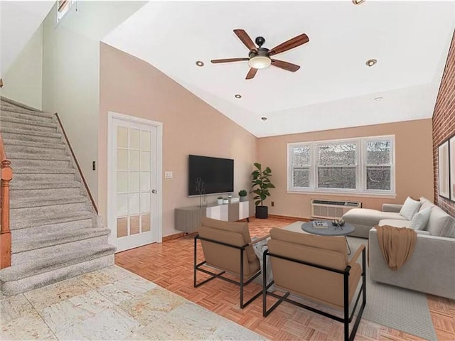 122 Prospect Park SW Unit 10, Brooklyn, NY 11218 - living room featuring lofted ceiling, a ceiling fan, stairs, recessed lighting, and a wall unit AC