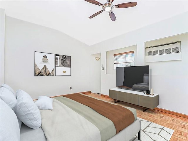 122 Prospect Park SW Unit 10, Brooklyn, NY 11218 - bedroom featuring a wall mounted AC, lofted ceiling, and ceiling fan