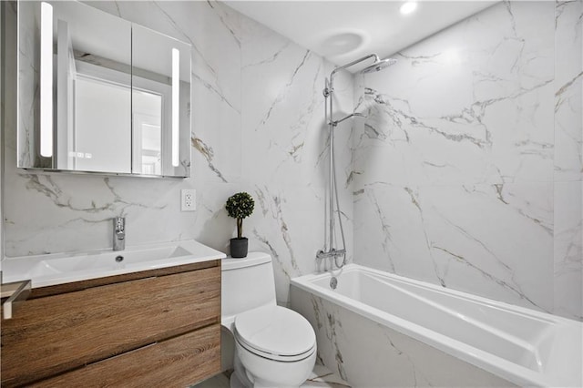 full bath with a combined bath / shower with marble appearance, tile walls, toilet, and vanity