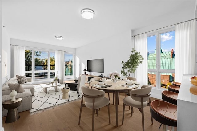dining space with wood finished floors and a healthy amount of sunlight