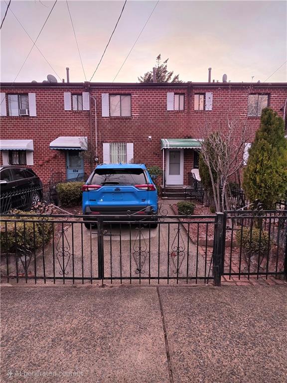 multi unit property with brick siding and a fenced front yard