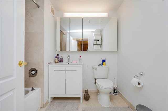 bathroom featuring vanity, visible vents, tile patterned flooring, shower / bath combination, and toilet