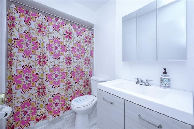 full bath with toilet, marble finish floor, a shower with shower curtain, and vanity