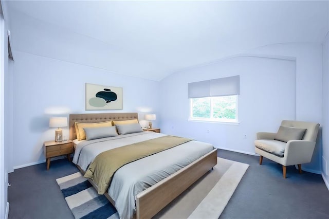 carpeted bedroom featuring lofted ceiling and baseboards