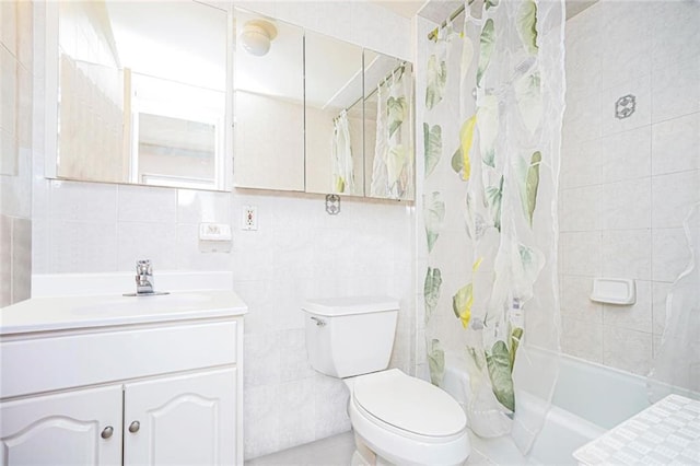 bathroom featuring tasteful backsplash, toilet, shower / bathtub combination with curtain, vanity, and tile walls