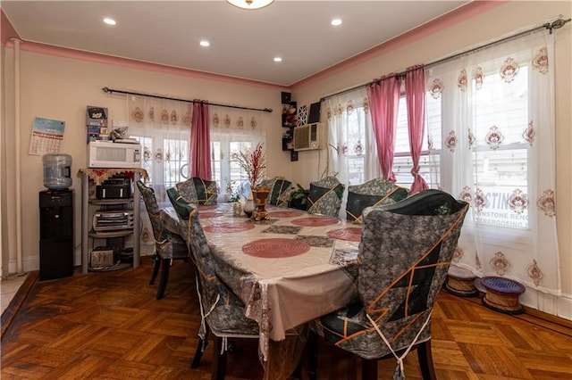 dining space featuring french doors and recessed lighting