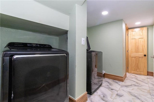 clothes washing area featuring marble finish floor, laundry area, recessed lighting, and baseboards