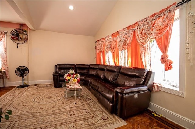 living room featuring lofted ceiling, baseboards, and recessed lighting