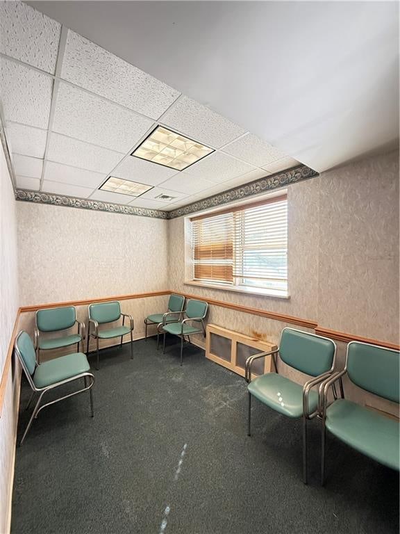 living area with a paneled ceiling, wallpapered walls, and carpet floors