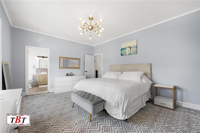 carpeted bedroom featuring baseboards, a chandelier, crown molding, and ensuite bathroom