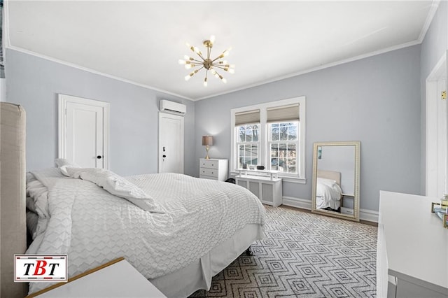 bedroom featuring a wall unit AC, a chandelier, baseboards, crown molding, and radiator