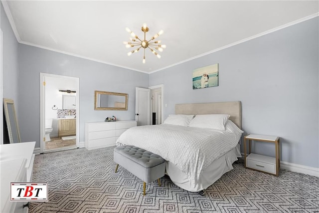 carpeted bedroom with a chandelier, ornamental molding, baseboards, and connected bathroom