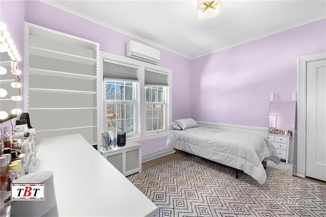 bedroom with a wall mounted air conditioner and ornamental molding