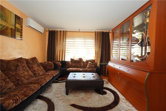 carpeted living room with an AC wall unit