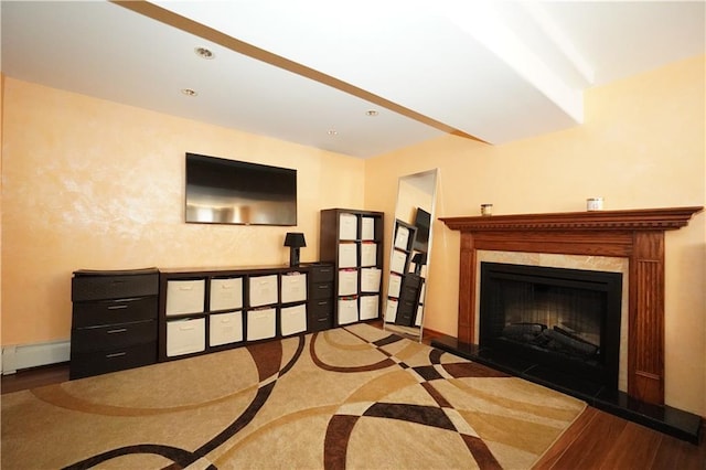 living area with a premium fireplace, wood finished floors, and baseboards