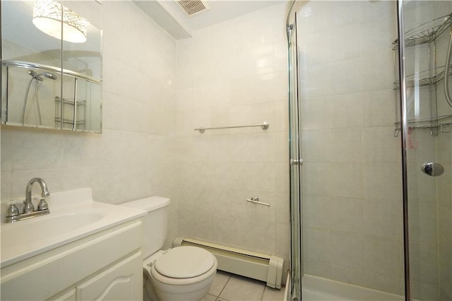 full bath with toilet, a stall shower, visible vents, and baseboard heating