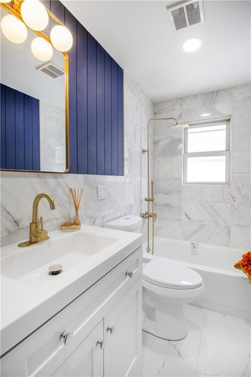 full bath featuring marble finish floor, visible vents, vanity, and toilet