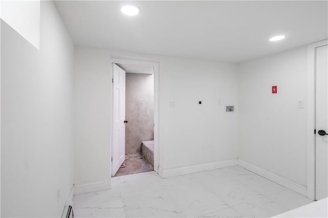 washroom featuring marble finish floor, hookup for a washing machine, electric dryer hookup, laundry area, and baseboards