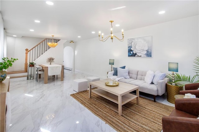 living room with an inviting chandelier, arched walkways, marble finish floor, and recessed lighting