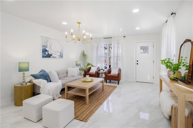 living area with baseboards, marble finish floor, an inviting chandelier, and recessed lighting