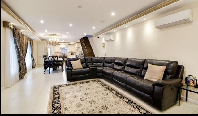 living area with ornamental molding, recessed lighting, a chandelier, and a wall mounted AC