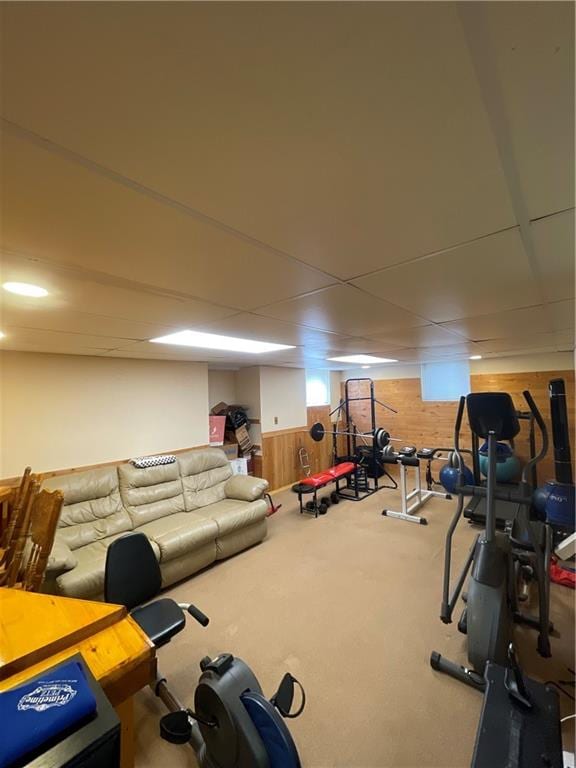 workout area featuring a wainscoted wall, carpet floors, wood walls, and a drop ceiling