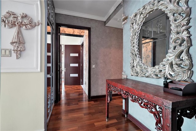 corridor featuring wood finished floors and crown molding