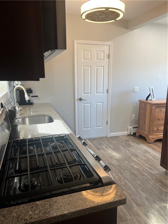 kitchen featuring wood finished floors, baseboards, stone countertops, a sink, and decorative backsplash