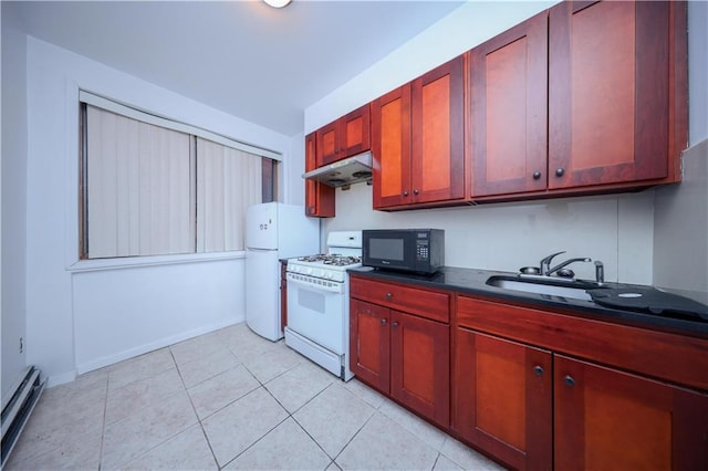 kitchen with a baseboard radiator, dark countertops, dark brown cabinets, white appliances, and under cabinet range hood