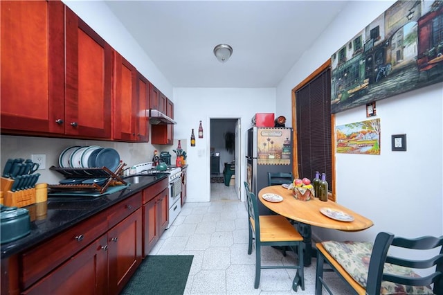 kitchen featuring a sink, dark brown cabinets, freestanding refrigerator, light floors, and gas range oven