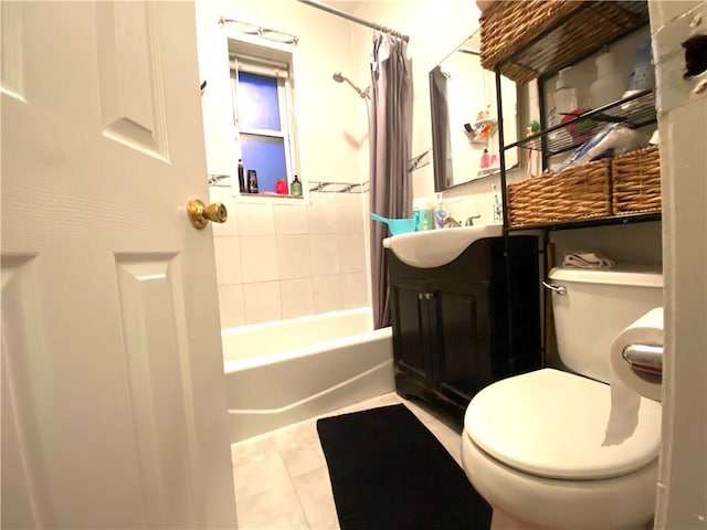 bathroom with shower / bath combo with shower curtain, tile patterned flooring, vanity, and toilet