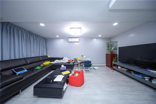 living area featuring a wall unit AC, baseboard heating, wood finished floors, and recessed lighting