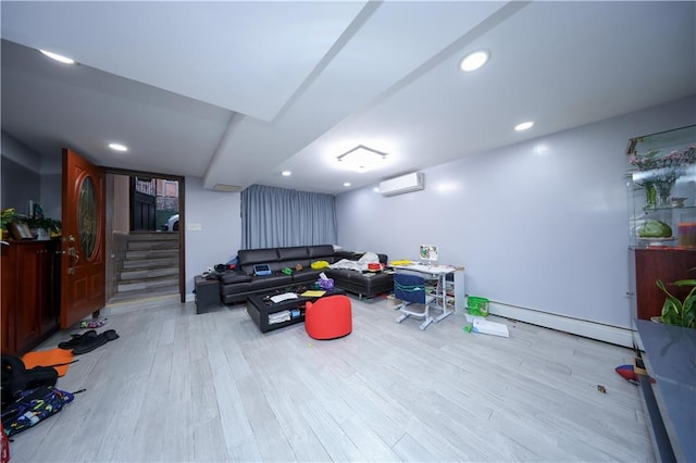 interior space with recessed lighting, an AC wall unit, baseboard heating, and wood finished floors