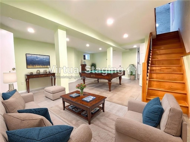 living room with pool table, stairway, recessed lighting, baseboards, and light wood-style floors
