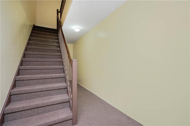 stairway featuring baseboards and carpet floors