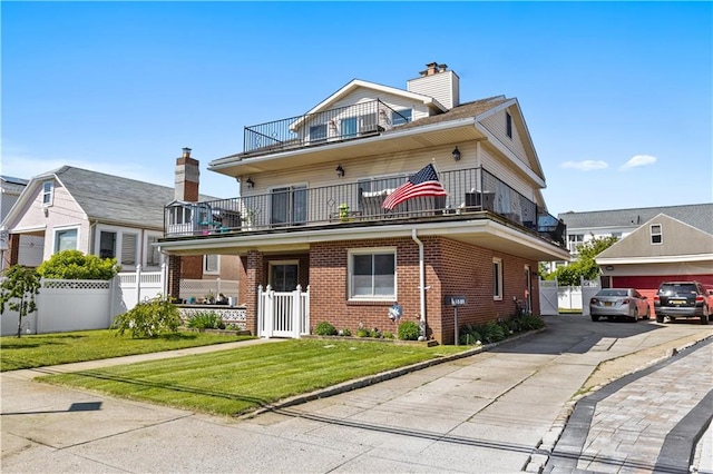 view of front of property with a front yard, brick siding, fence, and a balcony