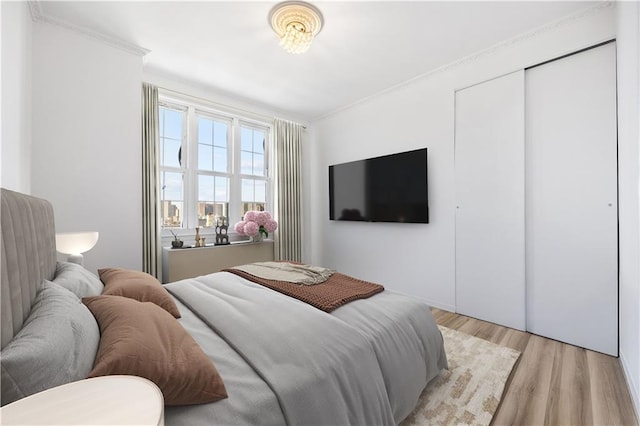 bedroom featuring a closet and light wood-style flooring