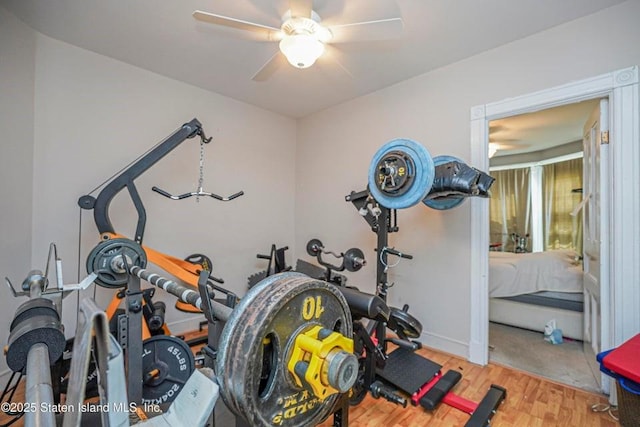 workout room with ceiling fan and wood finished floors