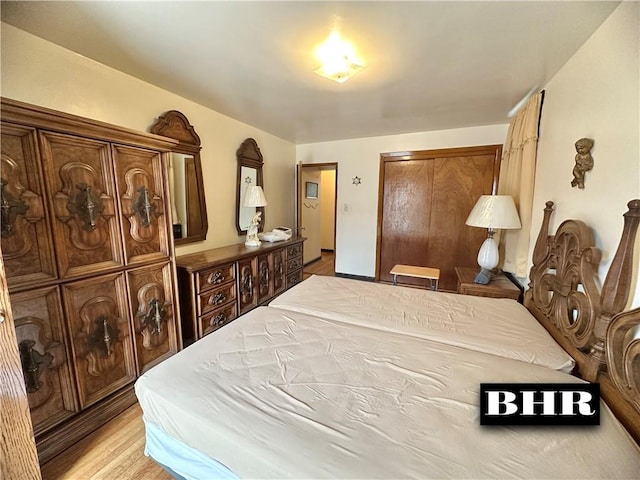 bedroom with light wood finished floors and a closet