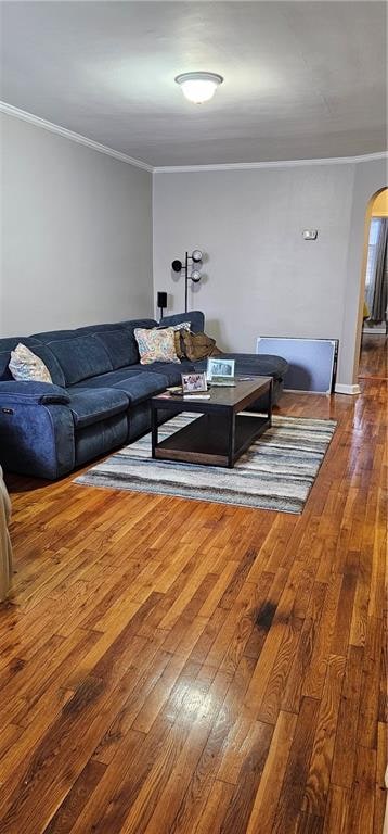 living room featuring wood-type flooring, arched walkways, and crown molding